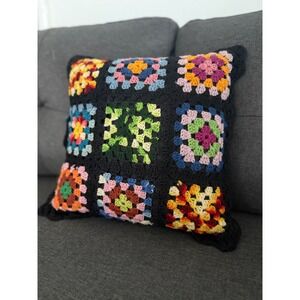 Crochet Granny Square Pillow Colorful Throw Pillow Black‎ Trim Handmade